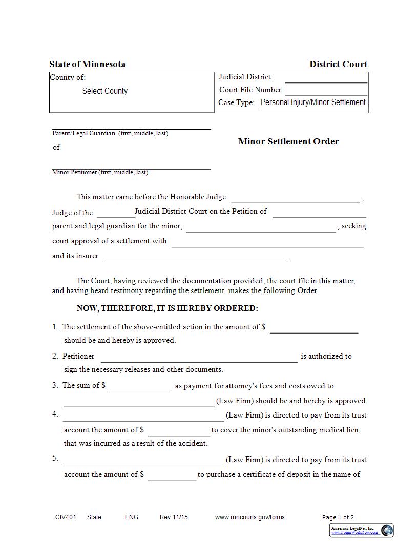 Minor Settlement Order {CIV-401} | Pdf Fpdf Docx | Minnesota
