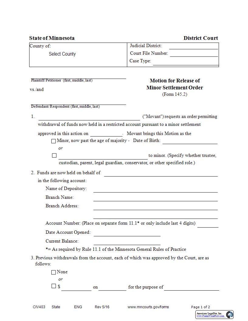 Motion For Release Of Minor Settlement Funds (Form 145.2) {CIV-403} | Pdf Fpdf Docx | Minnesota