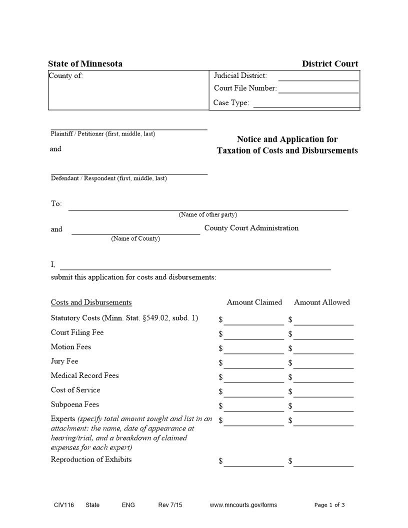 Notice And Application For Costs And Disbursement {CIV-116} | Pdf Fpdf Doc Docx | Minnesota
