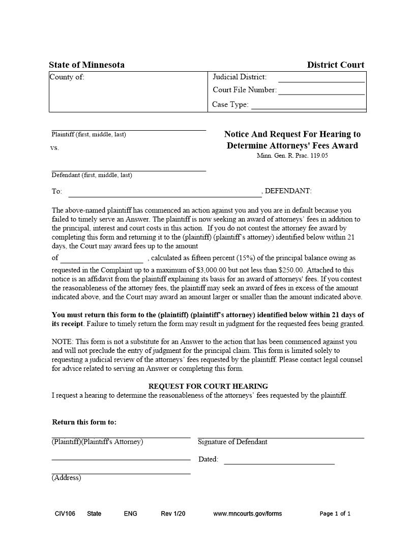 Notice And Request For Hearing To Determine Attorneys Fees Award {CIV-106} | Pdf Fpdf Docx | Minnesota