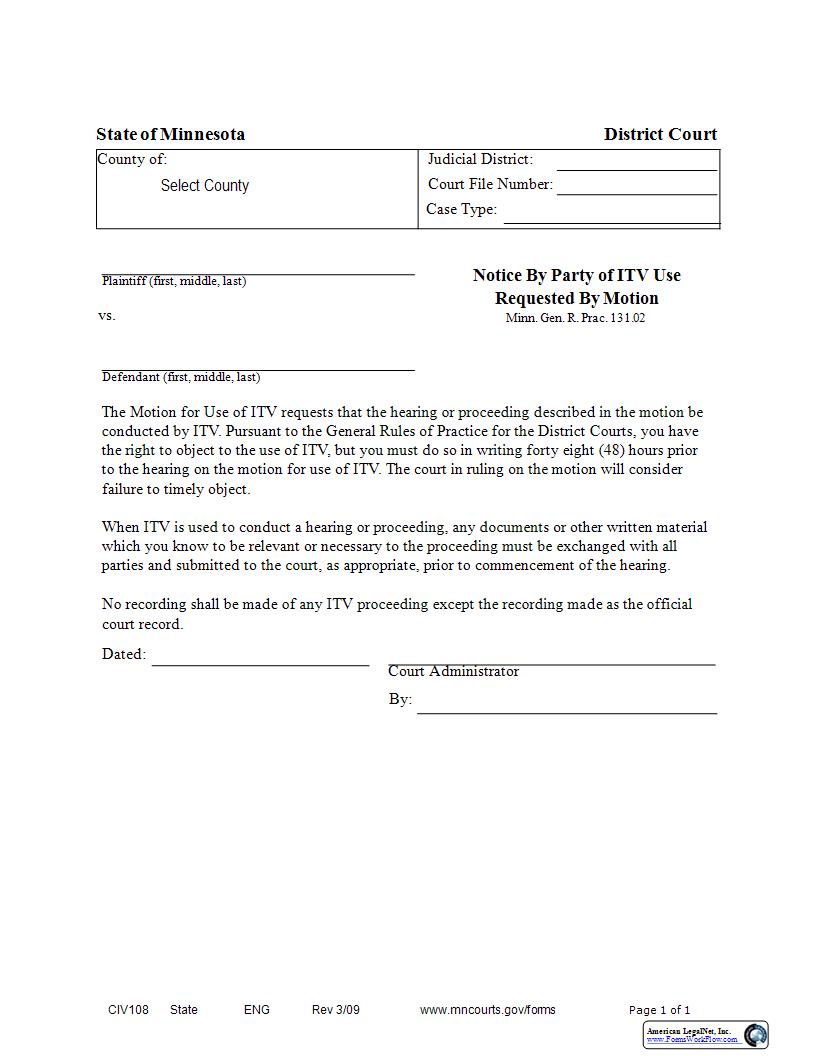 Notice By Party Of ITV Use Requested By Motion {CIV-108} | Pdf Fpdf Docx | Minnesota