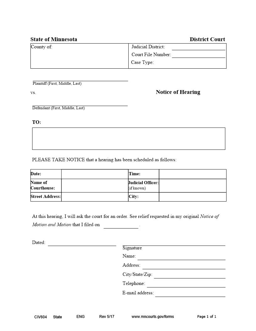 Notice Of Hearing {CIV-604} | Pdf Fpdf Docx | Minnesota