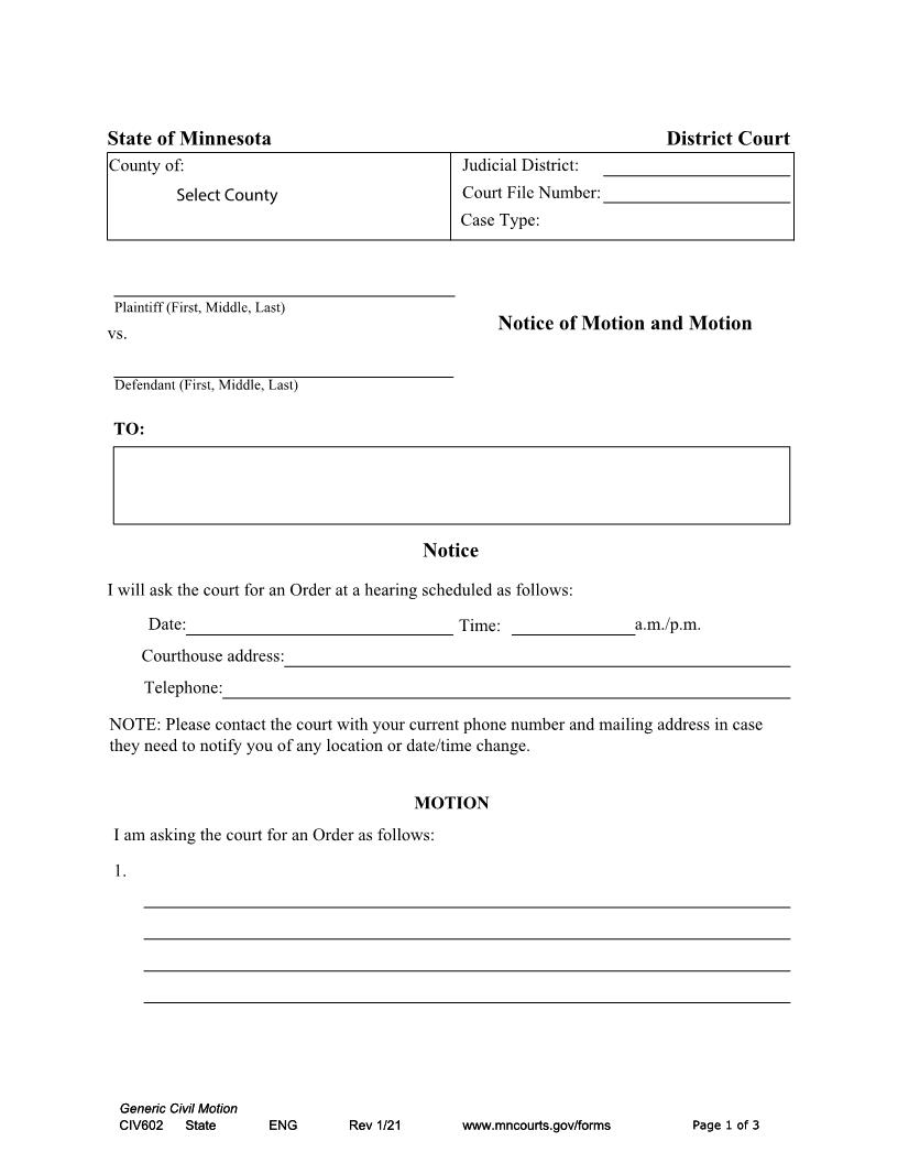 Notice Of Motion And Motion {CIV-602} | Pdf Fpdf Docx | Minnesota