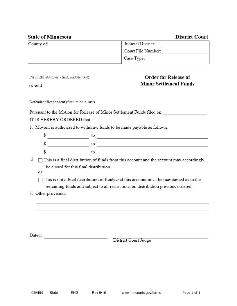 Order For Release Of Minor Settlement Funds {CIV-404} | Pdf Fpdf Docx | Minnesota