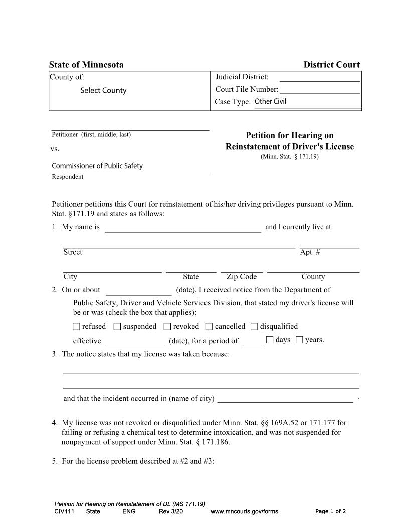 Petition For Hearing On Reinstatement Of Drivers License {CIV-111} | Pdf Fpdf Docx | Minnesota