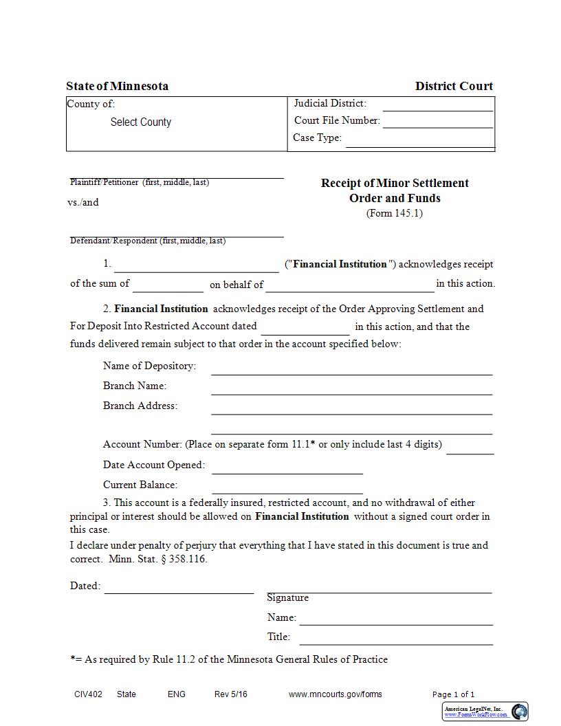 Receipt Of Minor Settlement Order And Funds (Form 145.1) {CIV-402} | Pdf Fpdf Docx | Minnesota