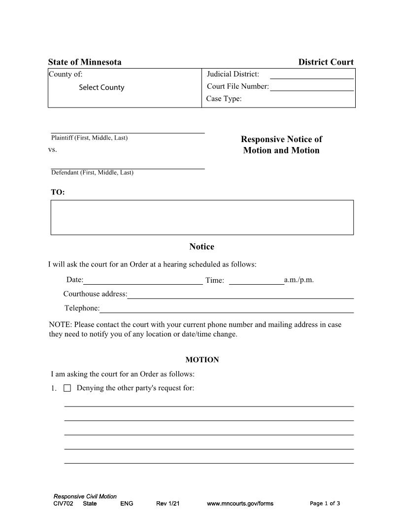Responsive Notice of Motion And Motion {CIV-702} | Pdf Fpdf Docx | Minnesota
