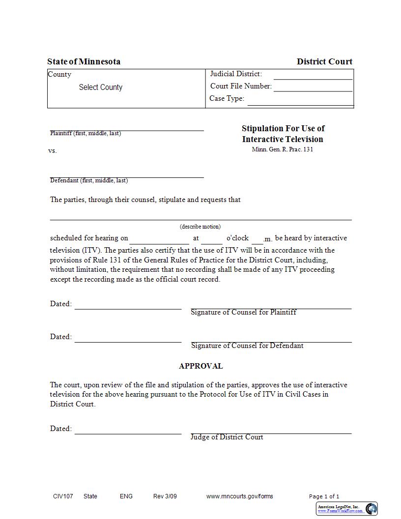 Stipulation For Use Of ITV {CIV-107} | Pdf Fpdf Docx | Minnesota