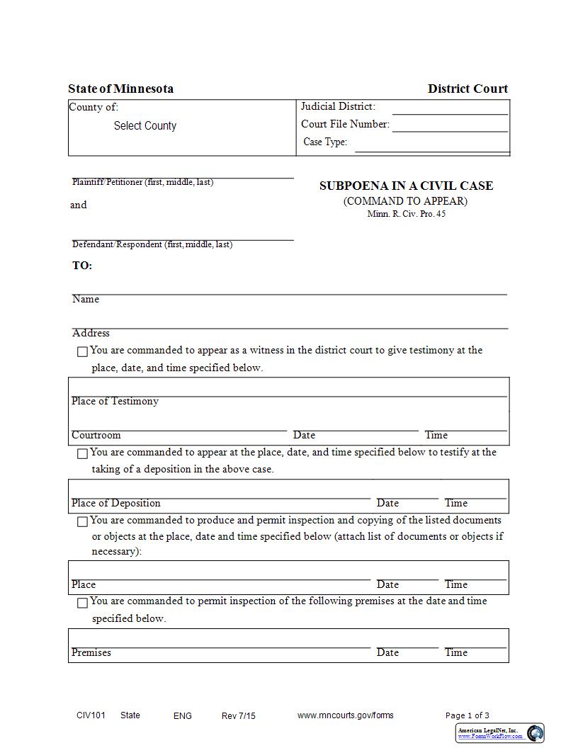 Subpoena In A Civil Case {CIV-101} | Pdf Fpdf Docx | Minnesota