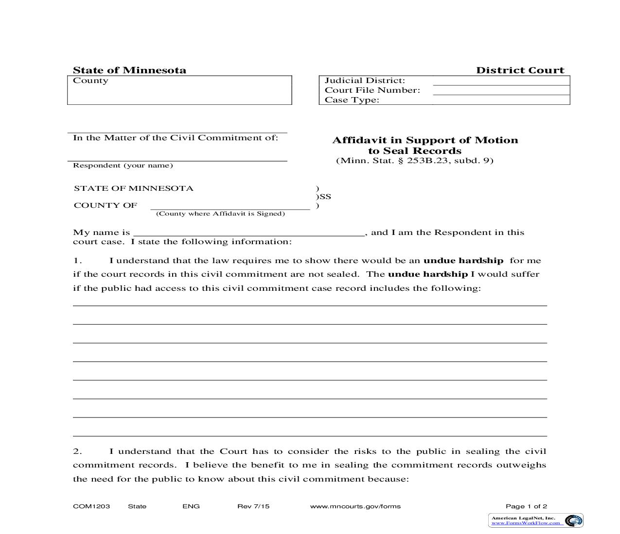 Affidavit In Support Of Motion To Seal Records {COM-1203} | Pdf Fpdf Doc Docx | Minnesota
