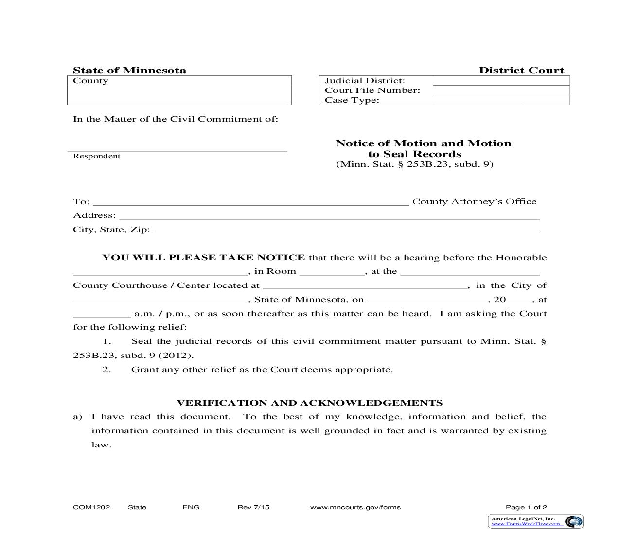 Notice Of Motion And Motion To Seal Records {COM-1202} | Pdf Fpdf Doc Docx | Minnesota