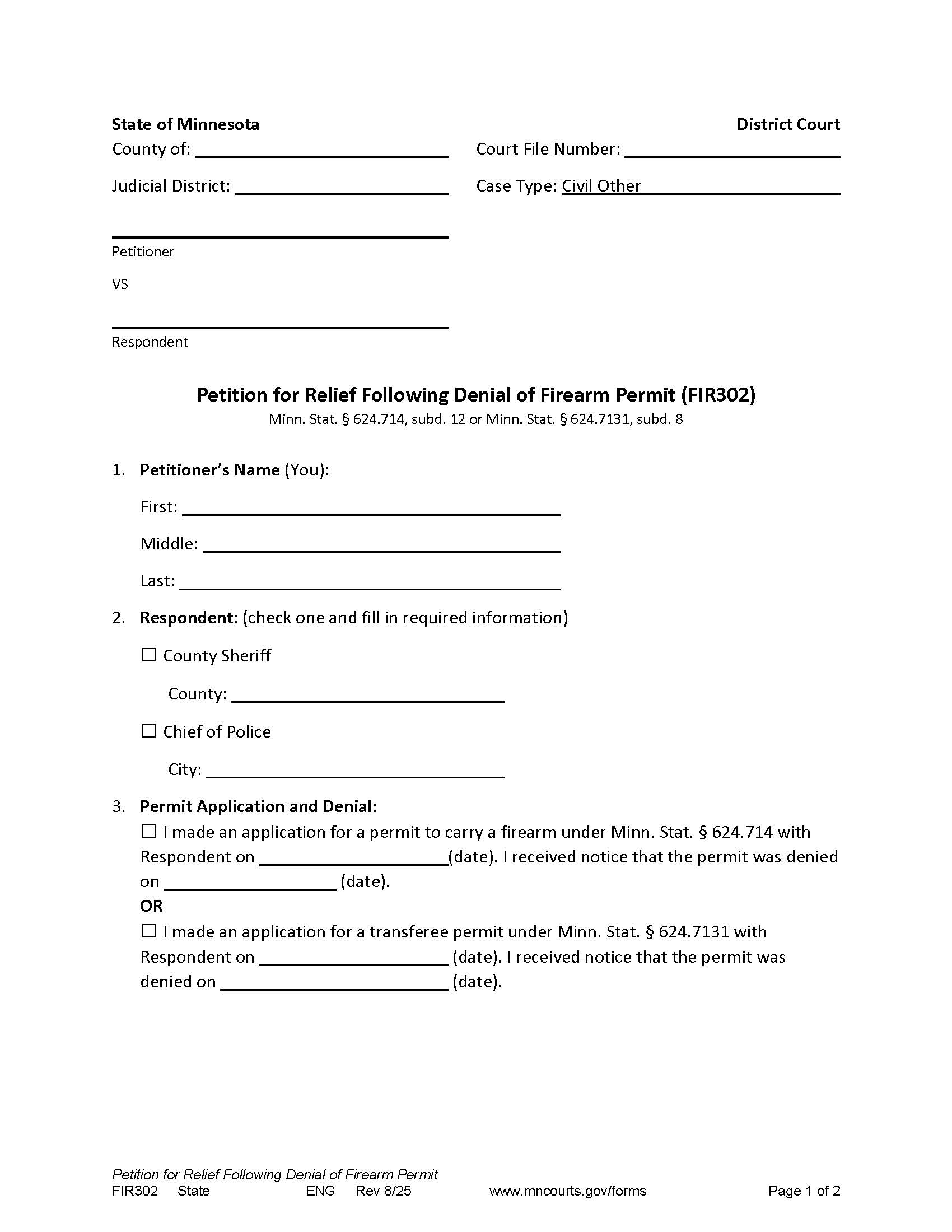 Petition For Reconsideration Of Denial Of Firearm Permit {FIR-302} | Pdf Fpdf Doc Docx | Minnesota