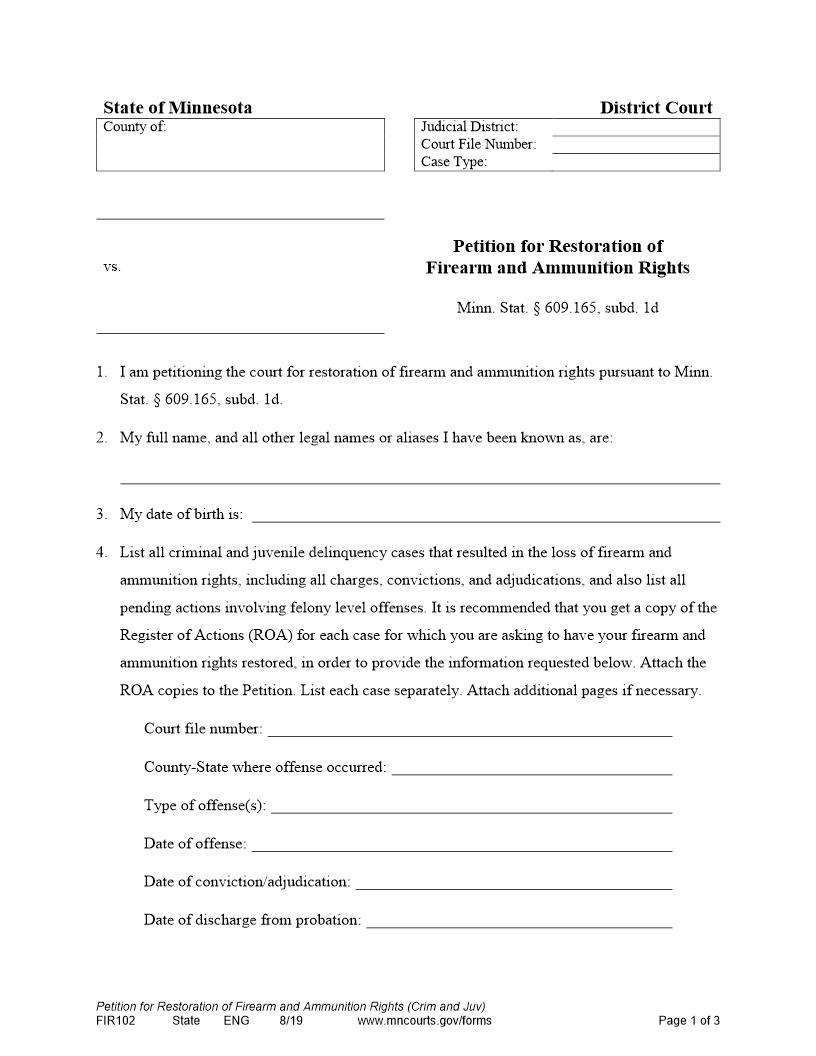 Petition For Restoration Of Firearm Ammunition Rights {FIR102} | Pdf Fpdf Docx | Minnesota