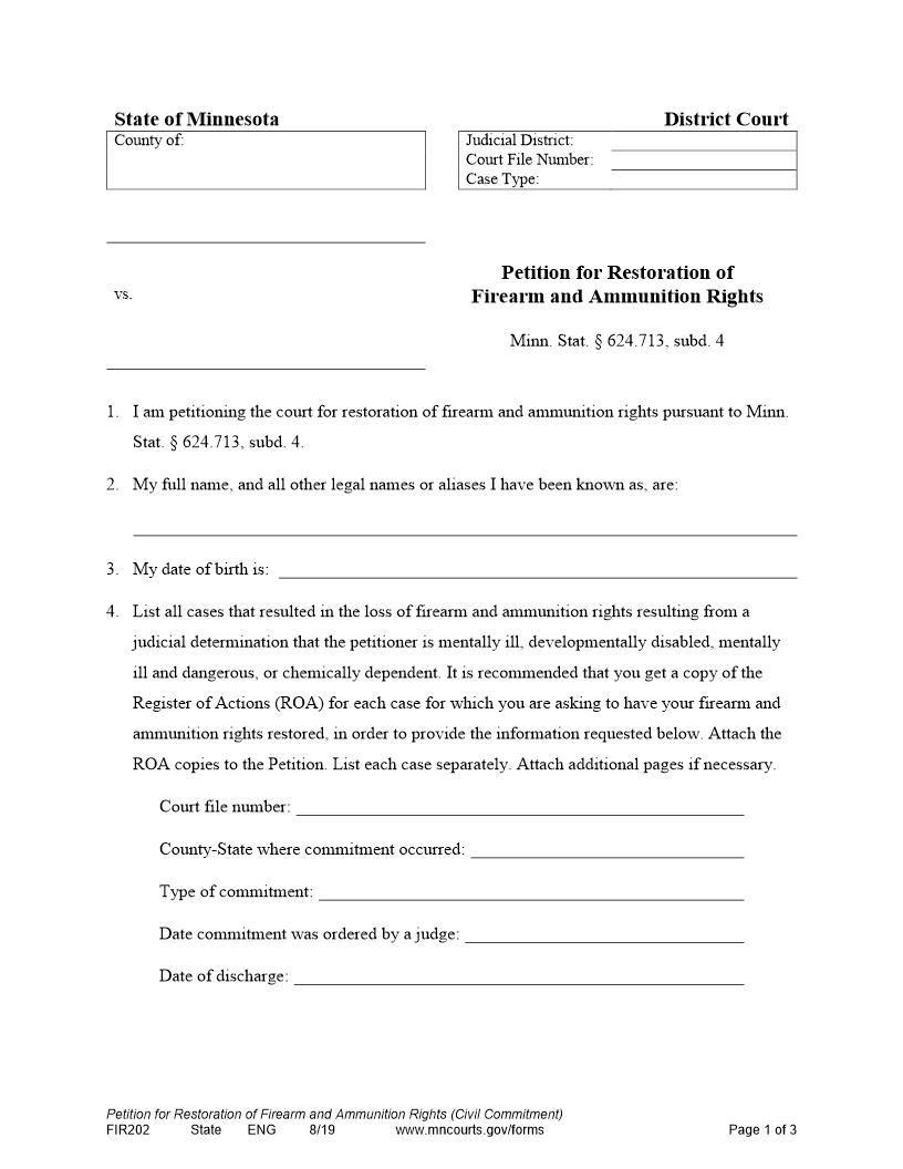 Petition For Restoration Of Firearm Ammunition Rights Civil Commitment {FIR202} | Pdf Fpdf Docx | Minnesota