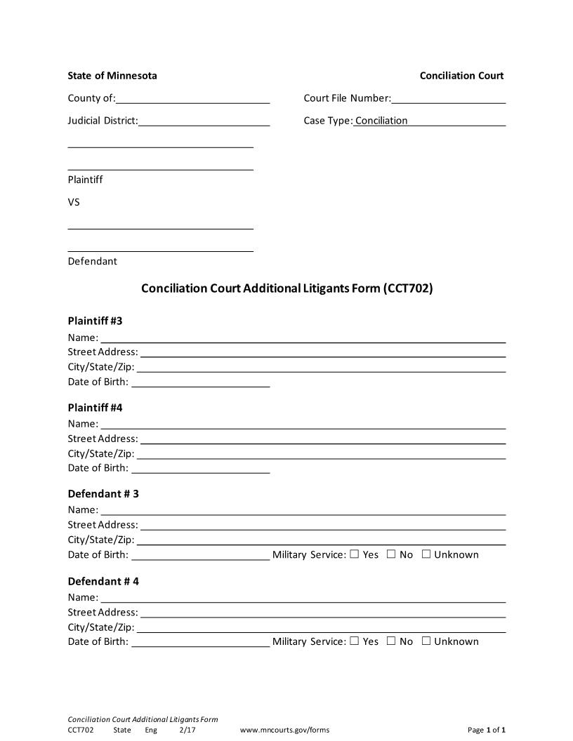 Additional Litigants Form - Conciliation Court {CCT-702} | Pdf Fpdf Docx | Minnesota