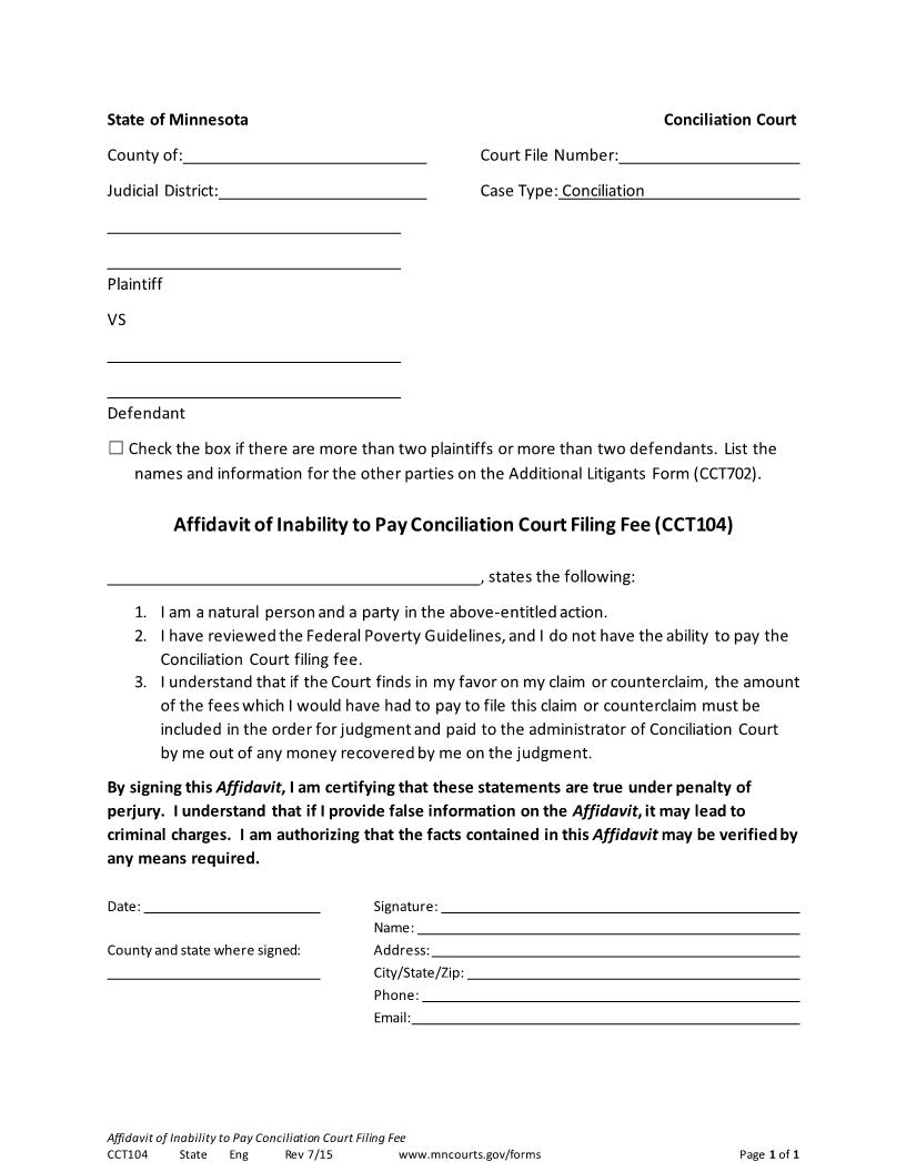 Affidavit Of Inability To Pay Conciliation Court Filing Fee {CCT-104} | Pdf Fpdf Docx | Minnesota