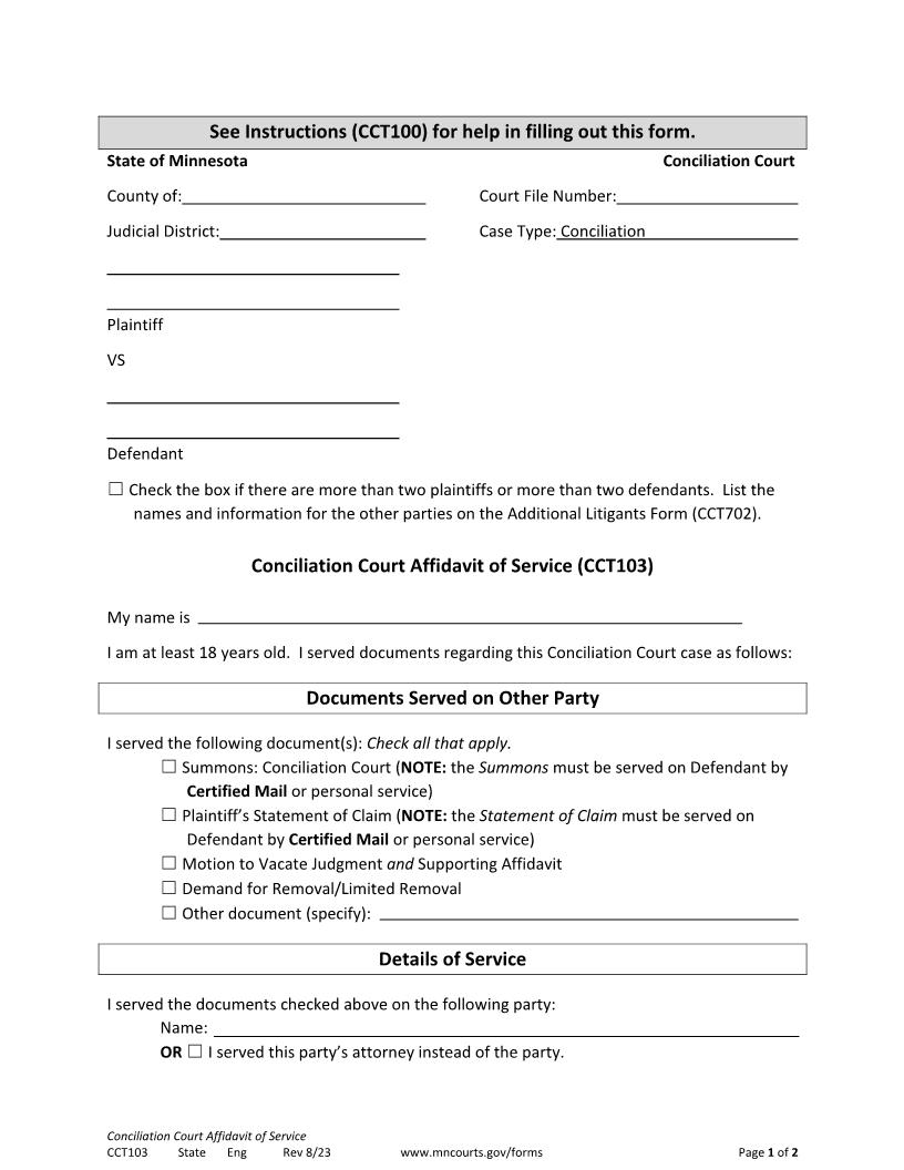 Affidavit Of Service {CCT-103} | Pdf Fpdf Docx | Minnesota