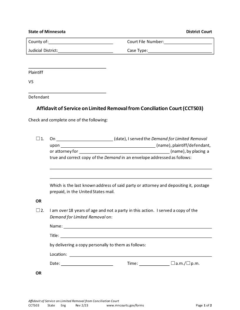Affidavit Of Service On Limited Removal From Conciliation Court {CCT-503} | Pdf Fpdf Docx | Minnesota