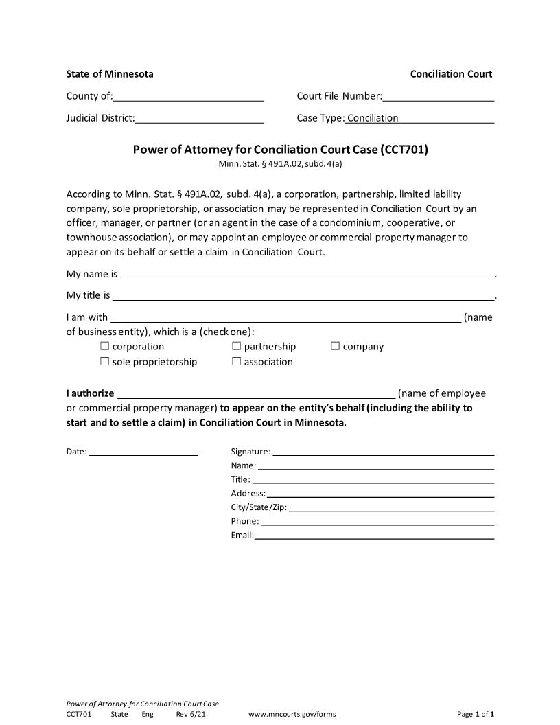 Power Of Attorney For Conciliation Court Case {CCT-701} | Pdf Fpdf Docx | Minnesota