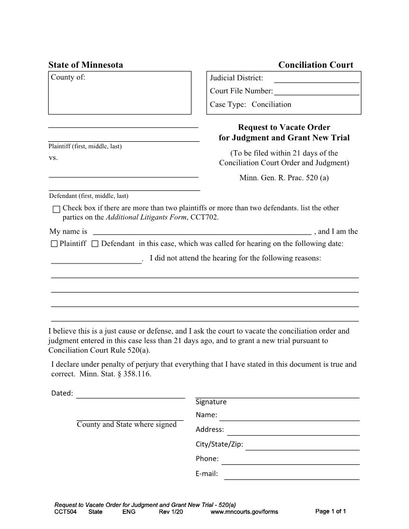Request To Vacate Order For Judgment And Grant New Trial {CCT-504} | Pdf Fpdf Docx | Minnesota