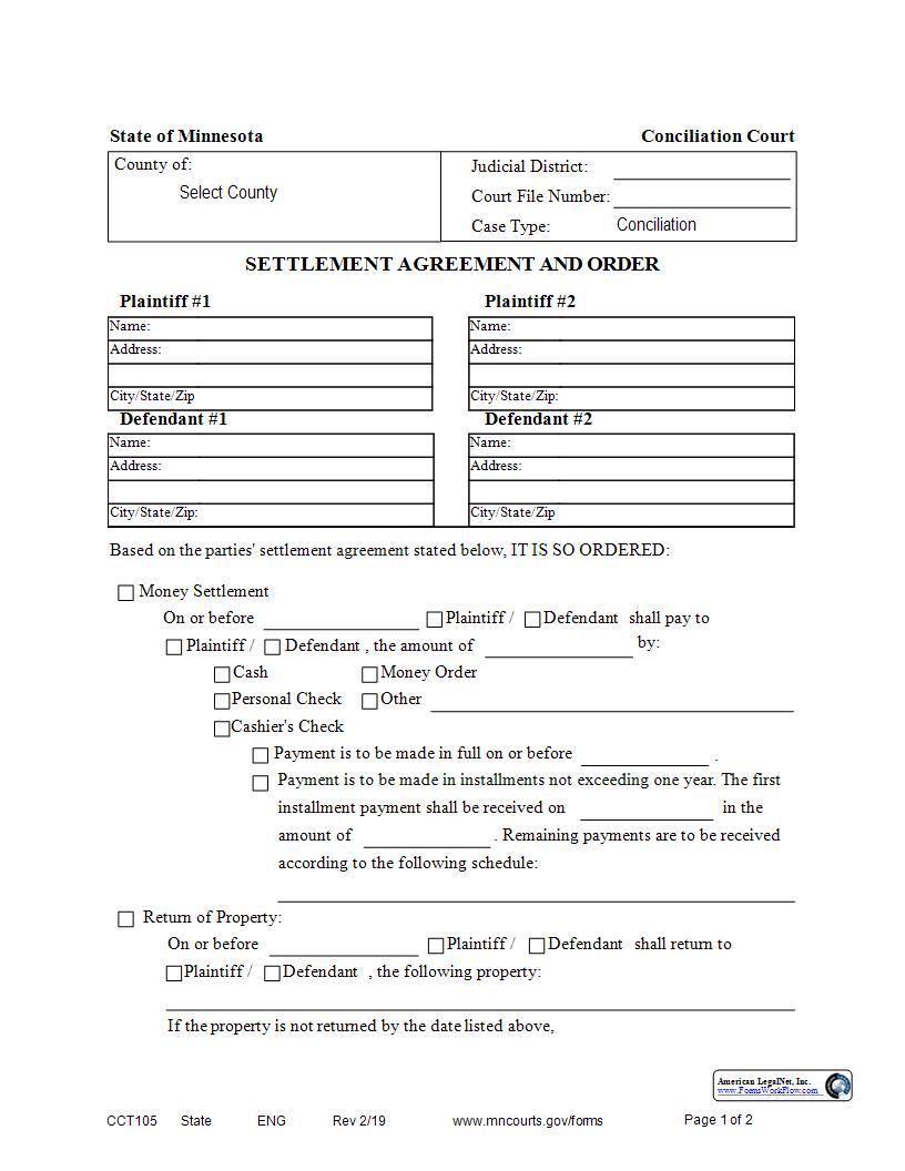 Settlement Agreement And Order {CCT-105} | Pdf Fpdf Docx | Minnesota