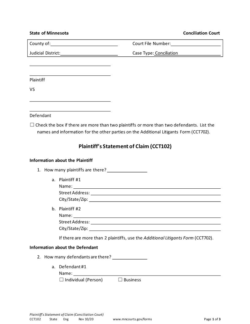 Statement Of Claim And Summons Plaintiff {CCT-102} | Pdf Fpdf Docx | Minnesota