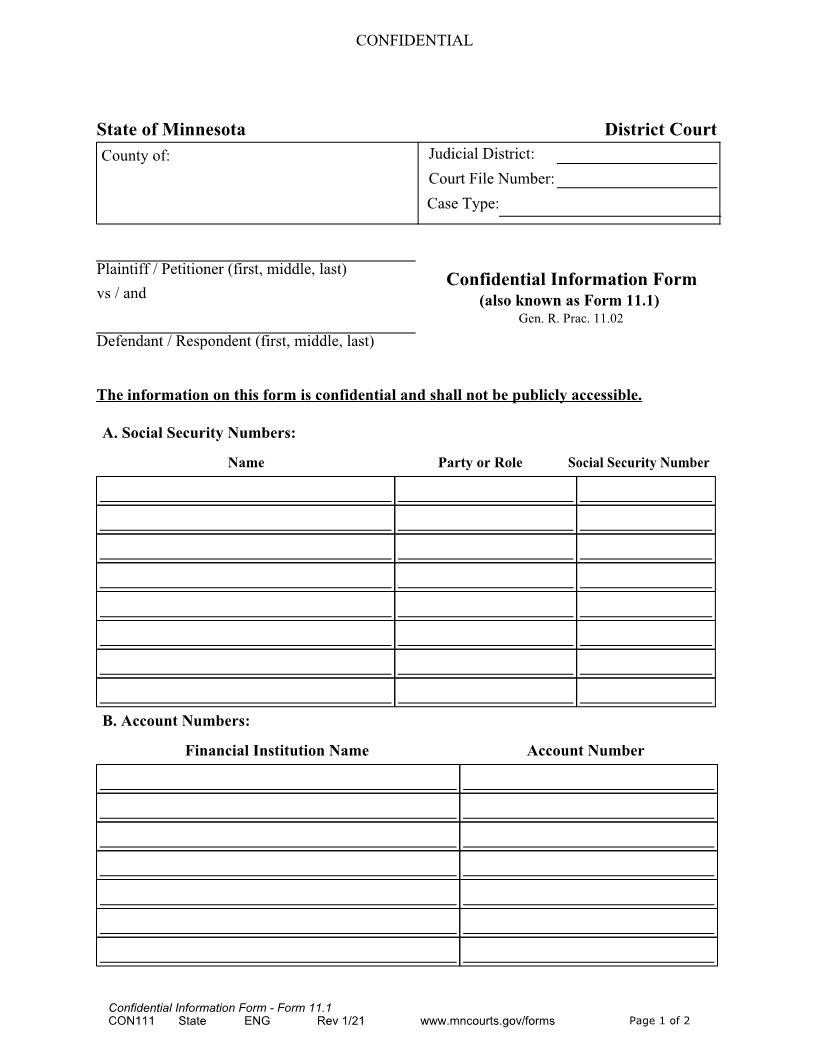 Confidential Information Form {CON111} | Pdf Fpdf Docx | Minnesota