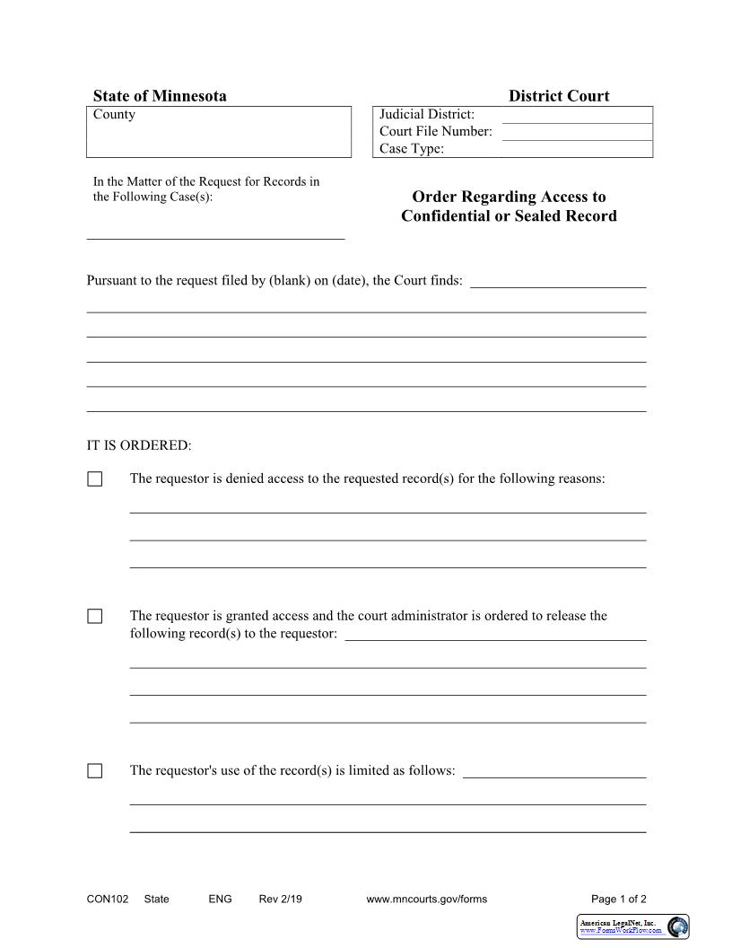 Order Regarding Access To Confidential Or Sealed Record {CON-102} | Pdf Fpdf Docx | Minnesota