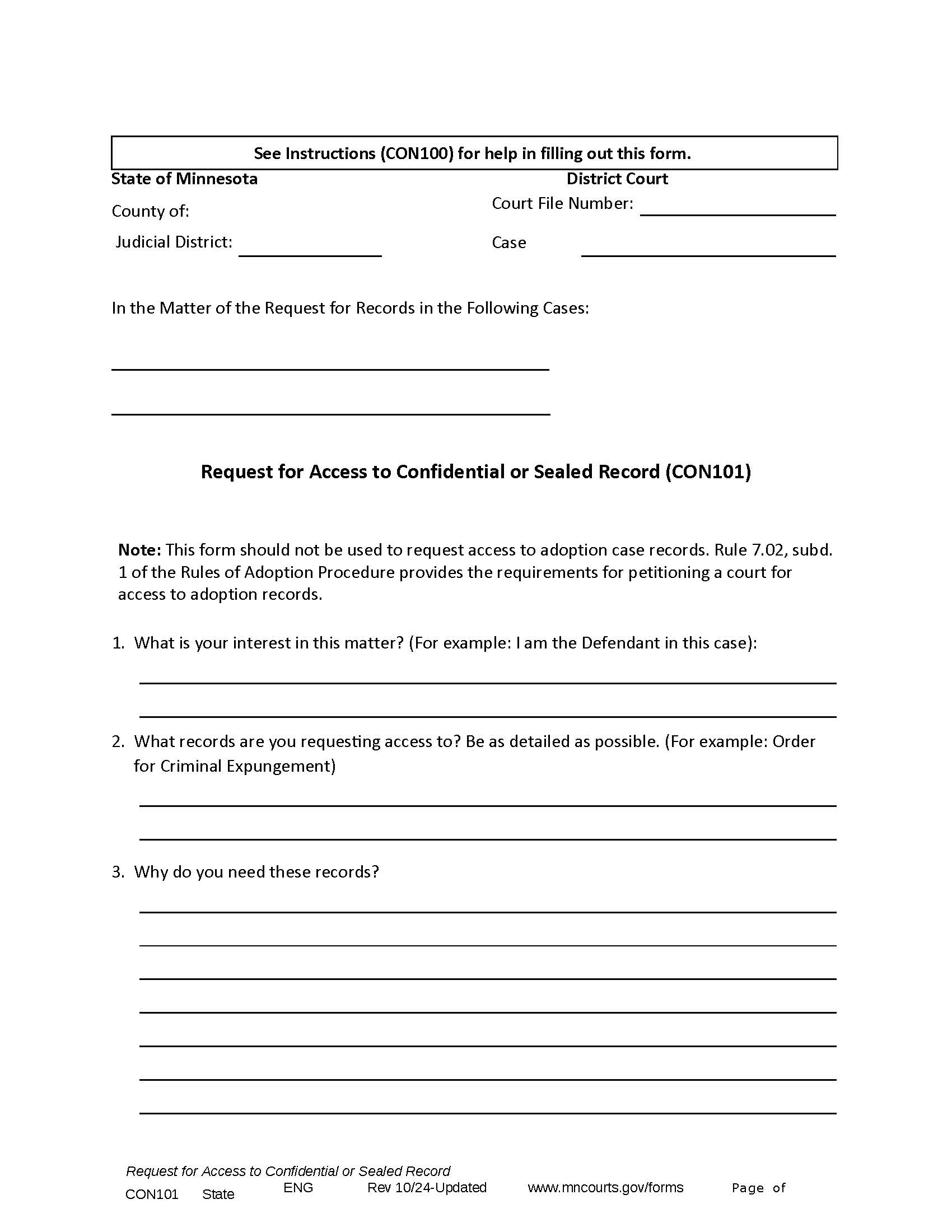 Request For Access To Confidential Or Sealed Record {CON-101} | Pdf Fpdf Docx | Minnesota