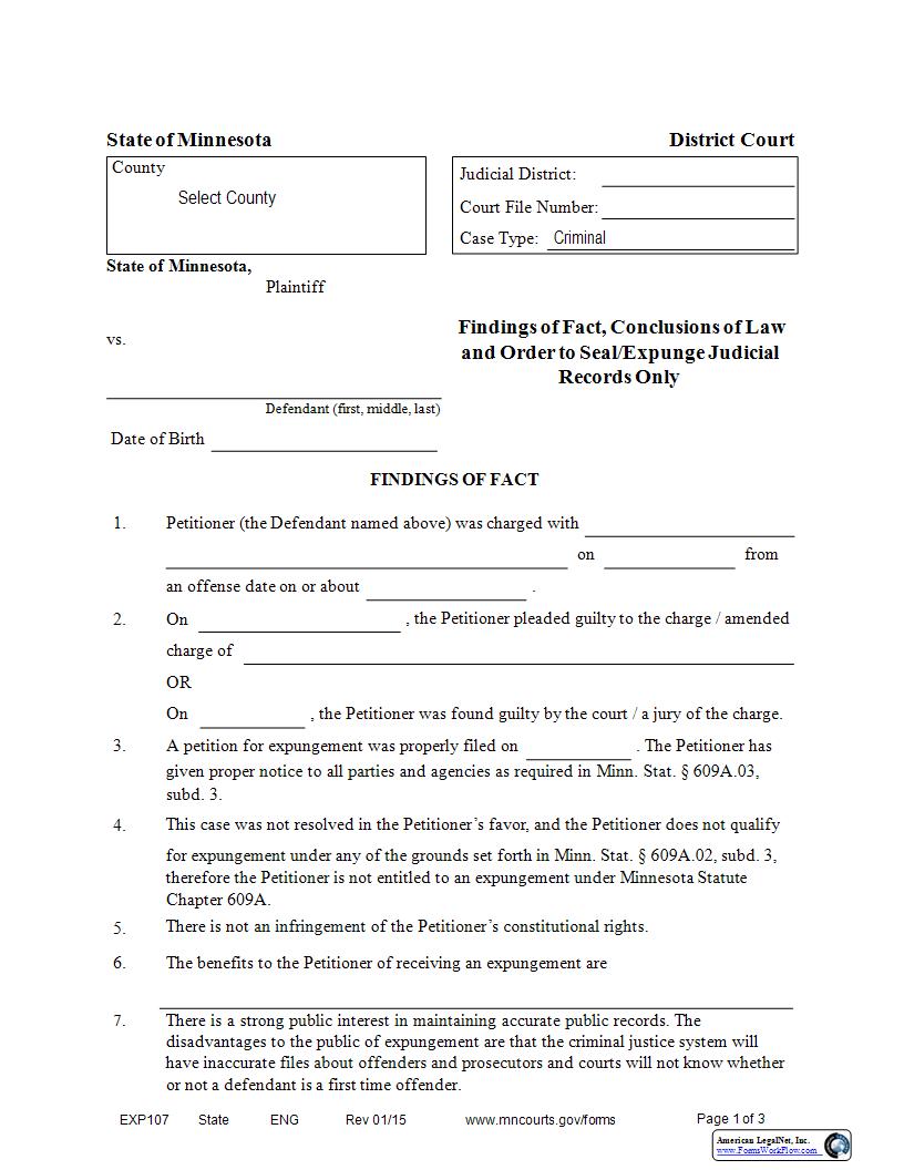 Findings Of Fact Conclusions Of Law And Order To Seal-Expunge Judicial Records Only {EXP-107} | Pdf Fpdf Docx | Minnesota