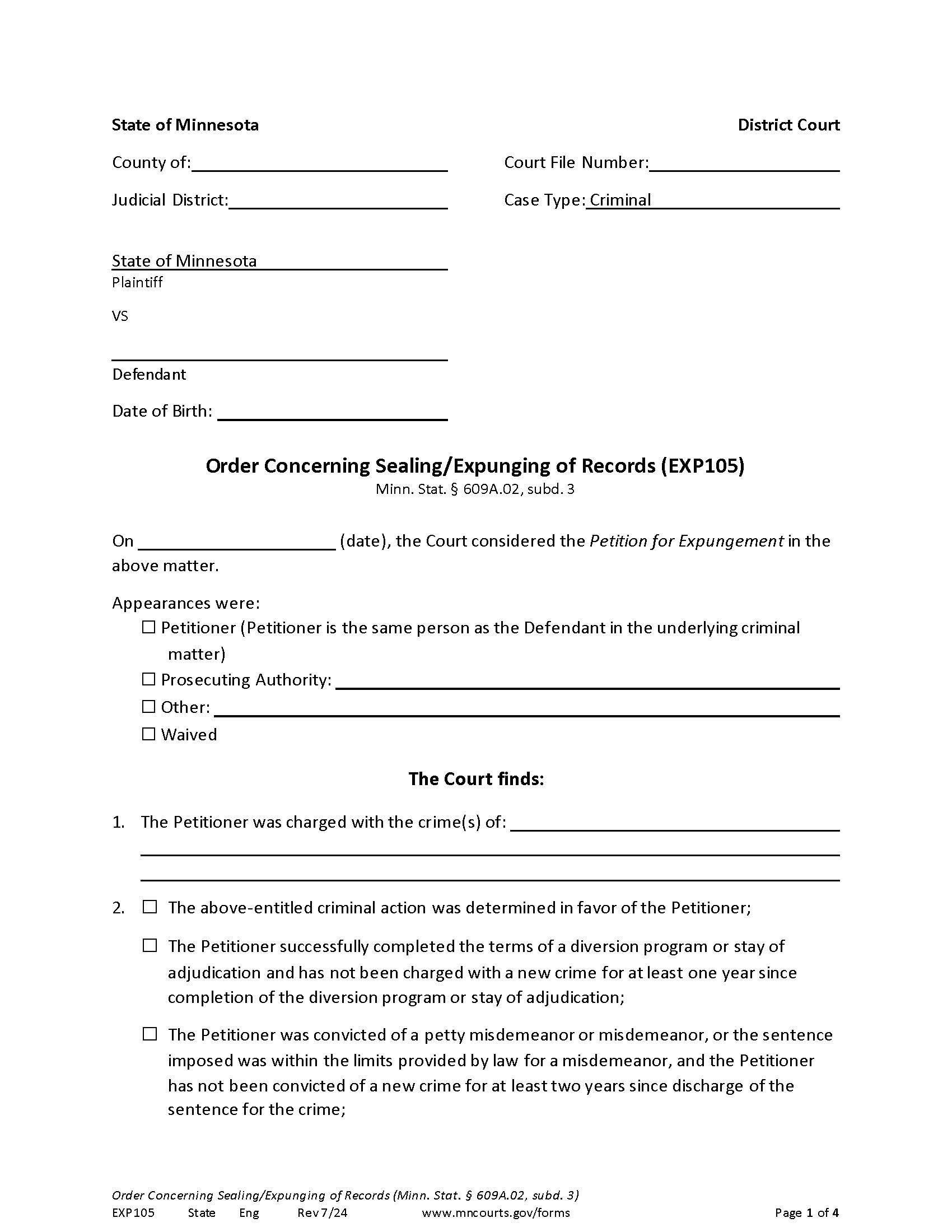 Order Concerning Sealing Of Records No Conviction {EXP-105} | Pdf Fpdf Docx | Minnesota