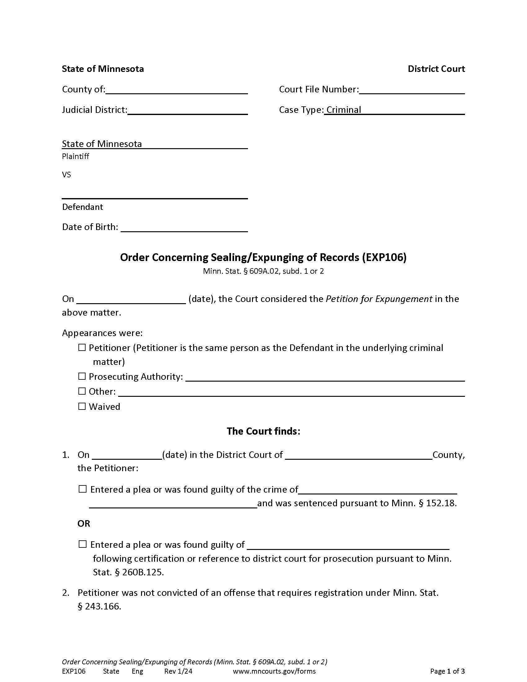 Order Sealing Record Conviction {EXP-106} | Pdf Fpdf Docx | Minnesota