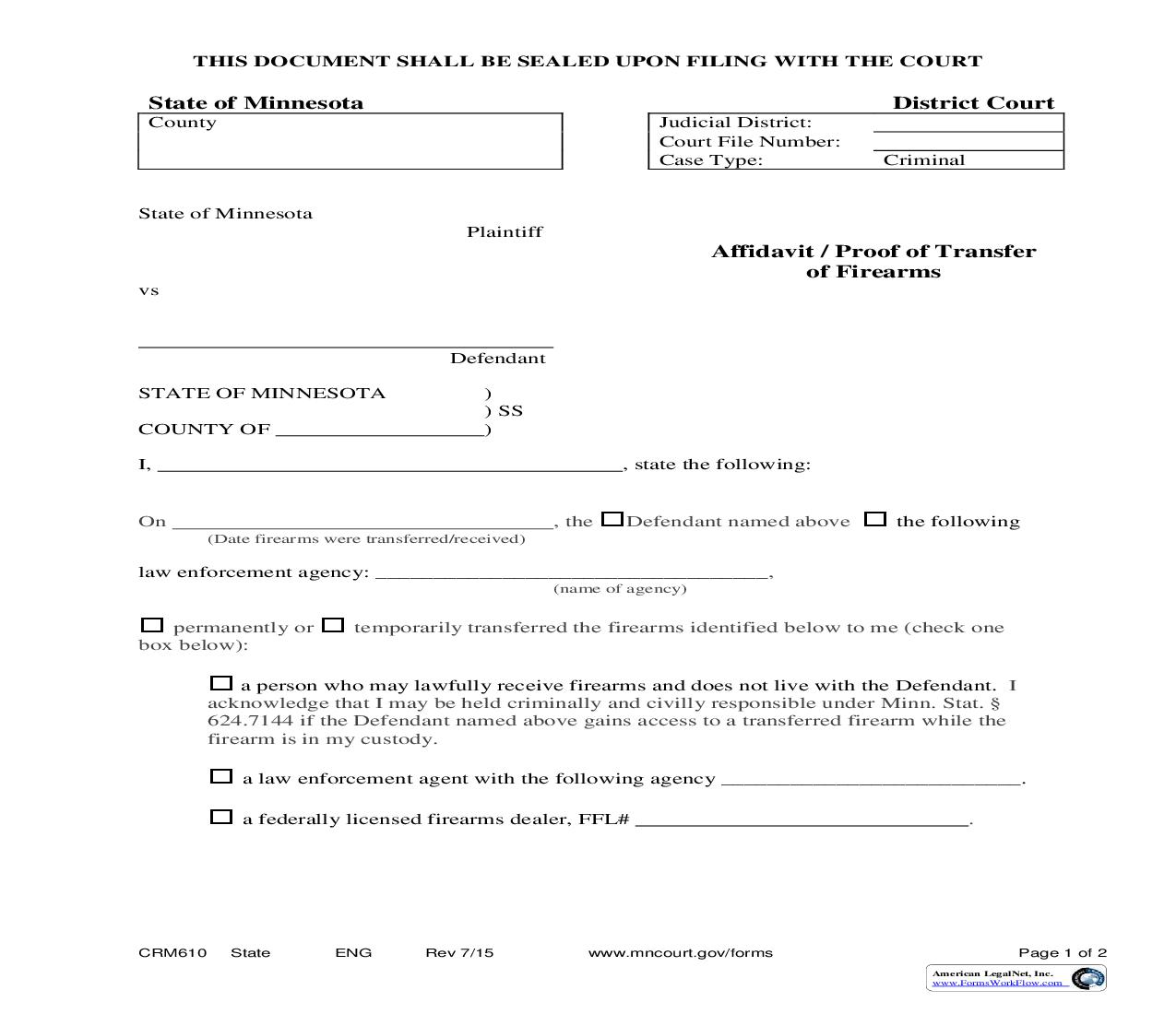 Affidavit - Proof Of Transfer Of Firearms {CRM-610} | Pdf Fpdf Doc Docx | Minnesota