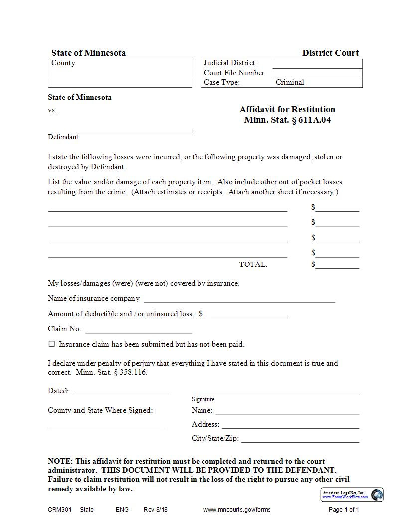 Affidavit For Restitution {CRM-301} | Pdf Fpdf Docx | Minnesota
