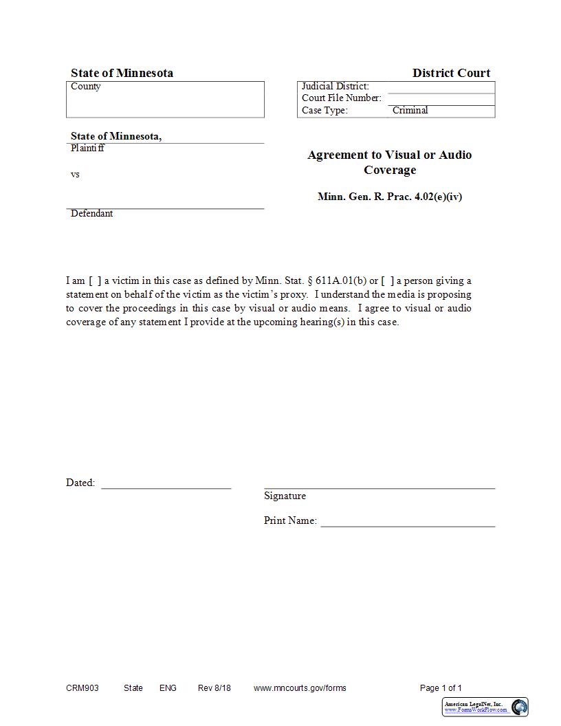 Agreement To Visual Or Audio Coverage {CRM-903} | Pdf Fpdf Docx | Minnesota