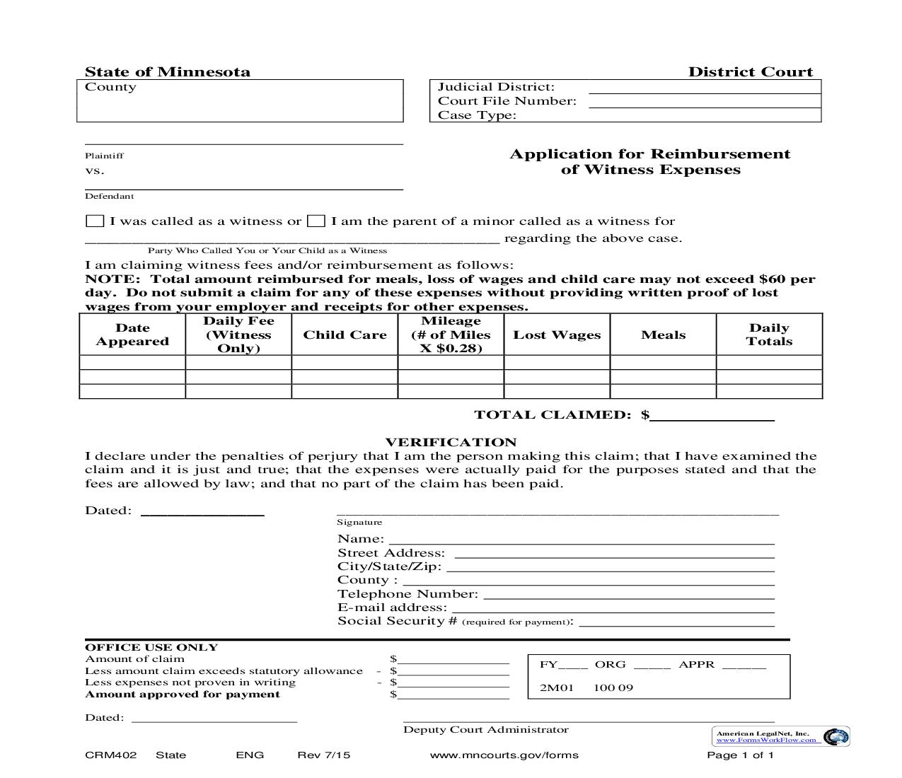 Application For Reimbursement Of Witness Expenses {CRM-402} | Pdf Fpdf Doc Docx | Minnesota