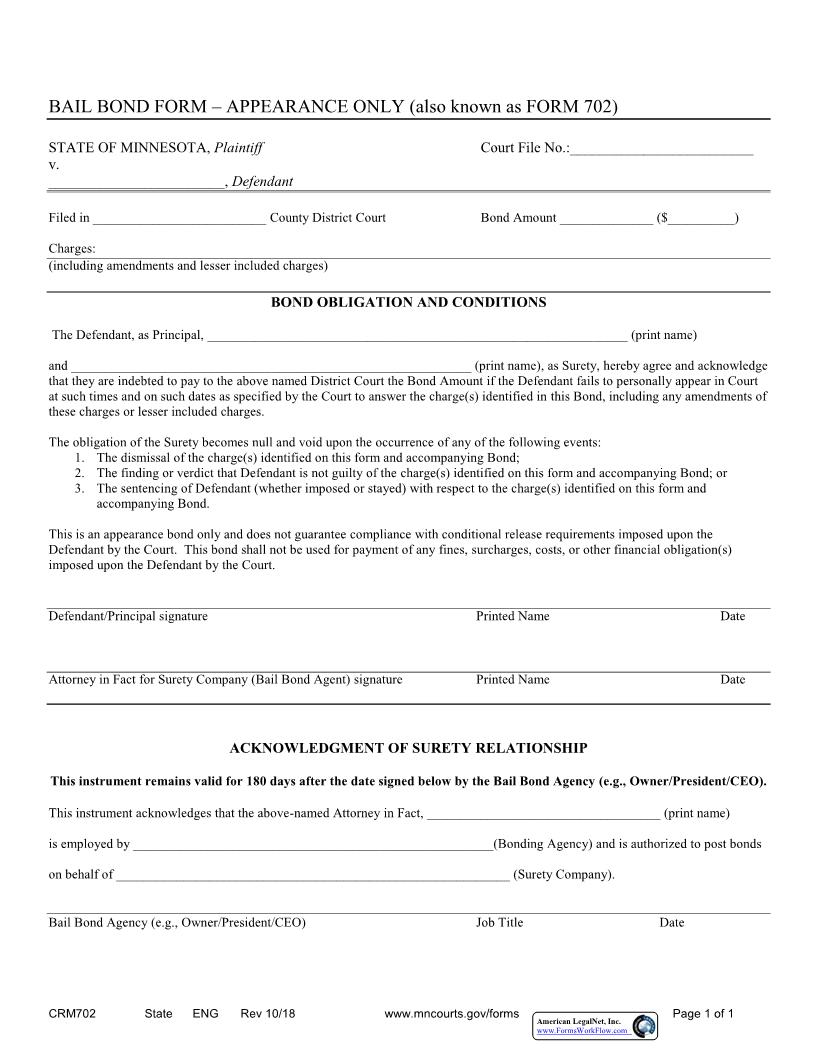 Bail Bond Form (Appearance Only) {CRM-702} | Pdf Fpdf Docx | Minnesota