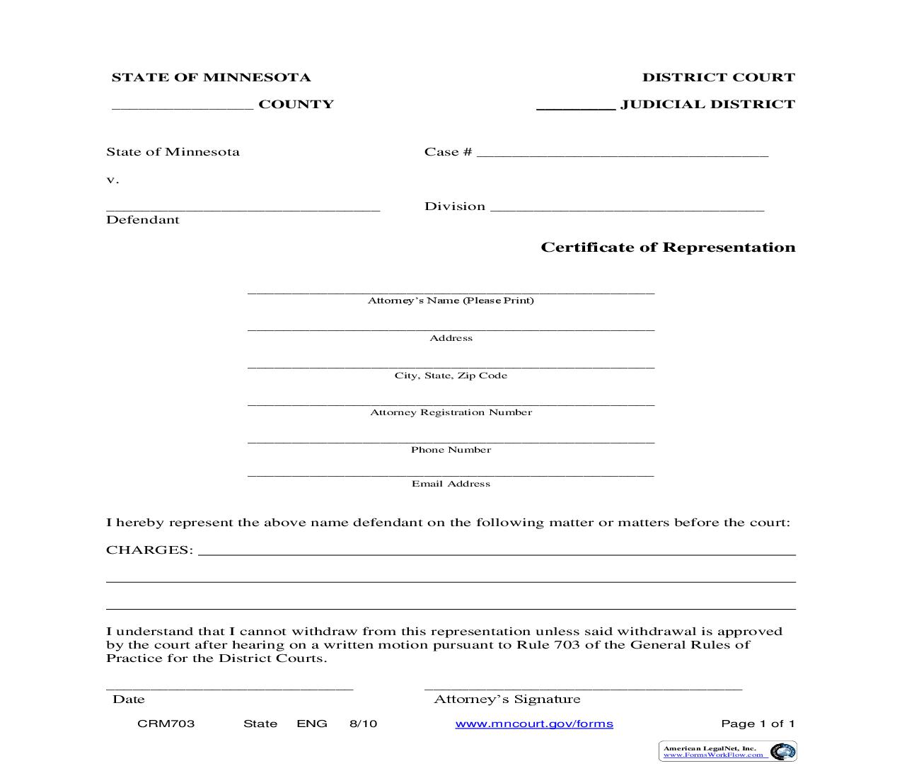 Certificate Of Representation {CRM-703} | Pdf Fpdf Doc Docx | Minnesota