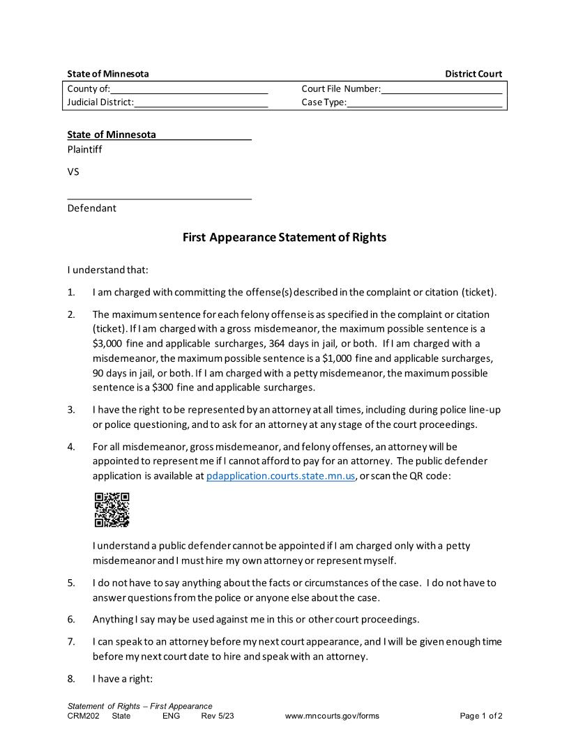 Felony Or Gross Misdemeanor First Appearance Statement Of Rights {CRM-202} | Pdf Fpdf Doc Docx | Minnesota