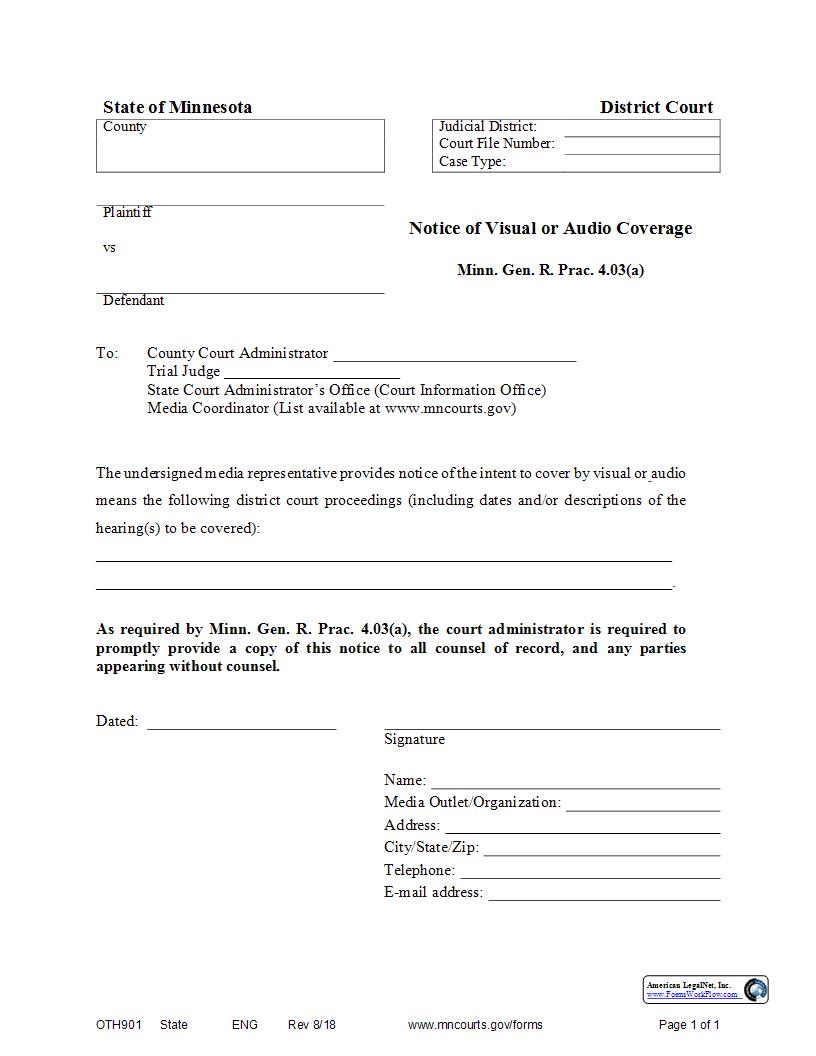 Notice Of Visual Or Audio Coverage {OTH-901} | Pdf Fpdf Docx | Minnesota