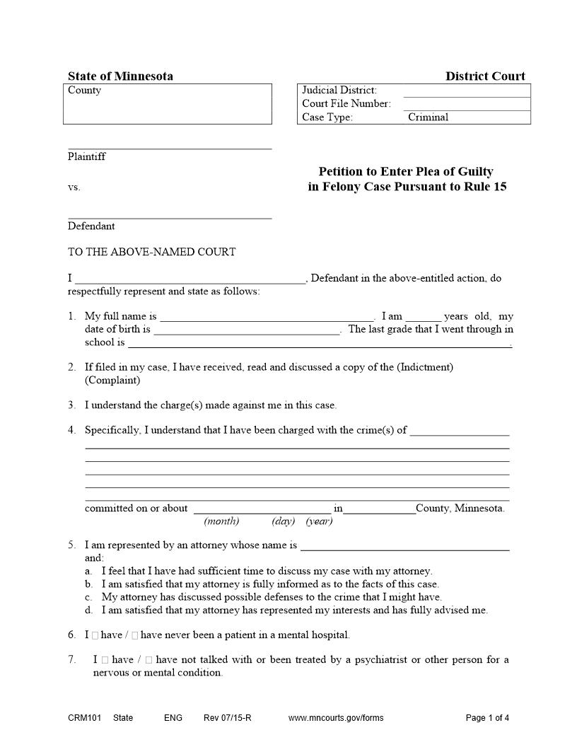 Petition To Enter Plea Of Guilty In Felony Case (Appendix A) {CRM-101} | Pdf Fpdf Docx | Minnesota