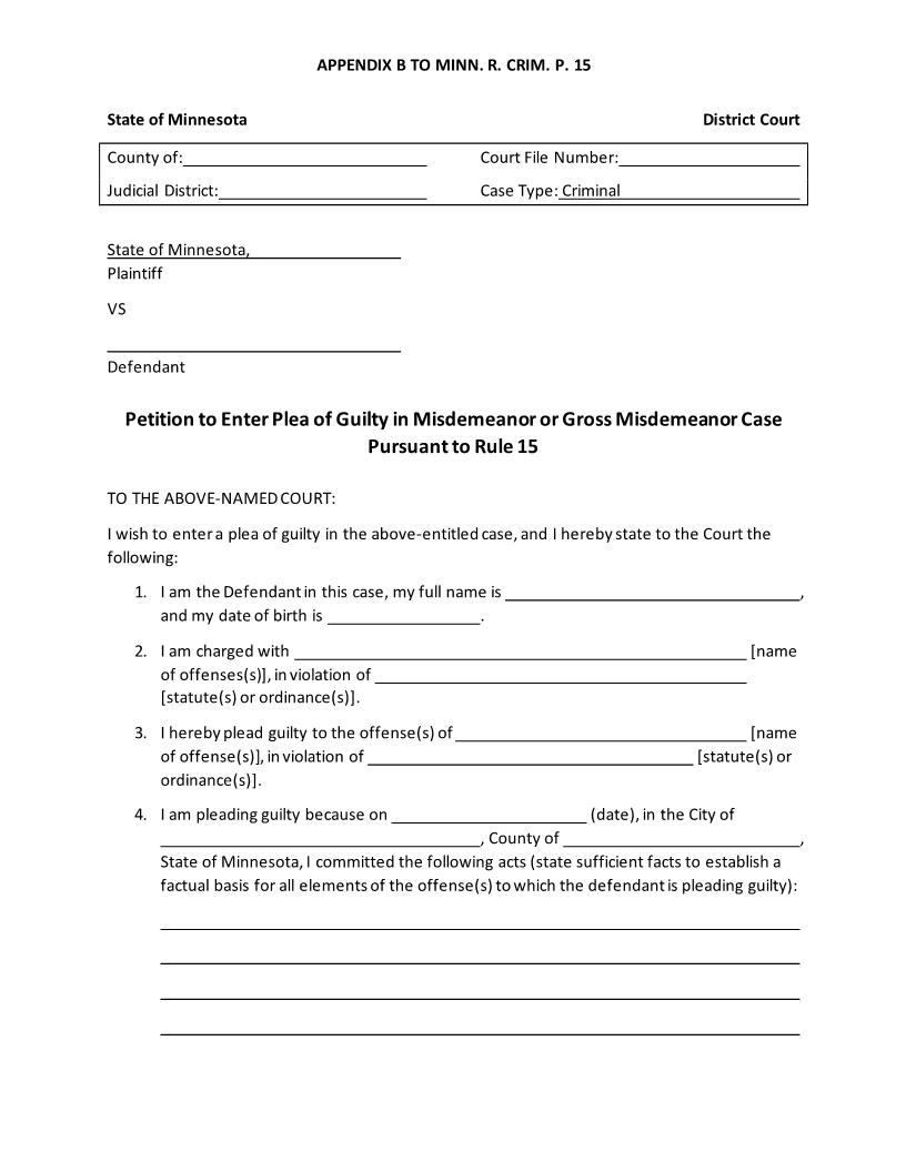 Petition To Enter Plea Of Guilty In Misdemeanor Or Gross Misdemeanor Case (Appendix B) {CRM-102} | Pdf Fpdf Docx | Minnesota