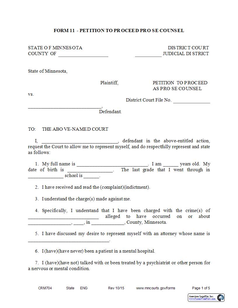 Petition To Proceed As Pro Se Counsel - Form 11 {CRM-704} | Pdf Fpdf Docx | Minnesota