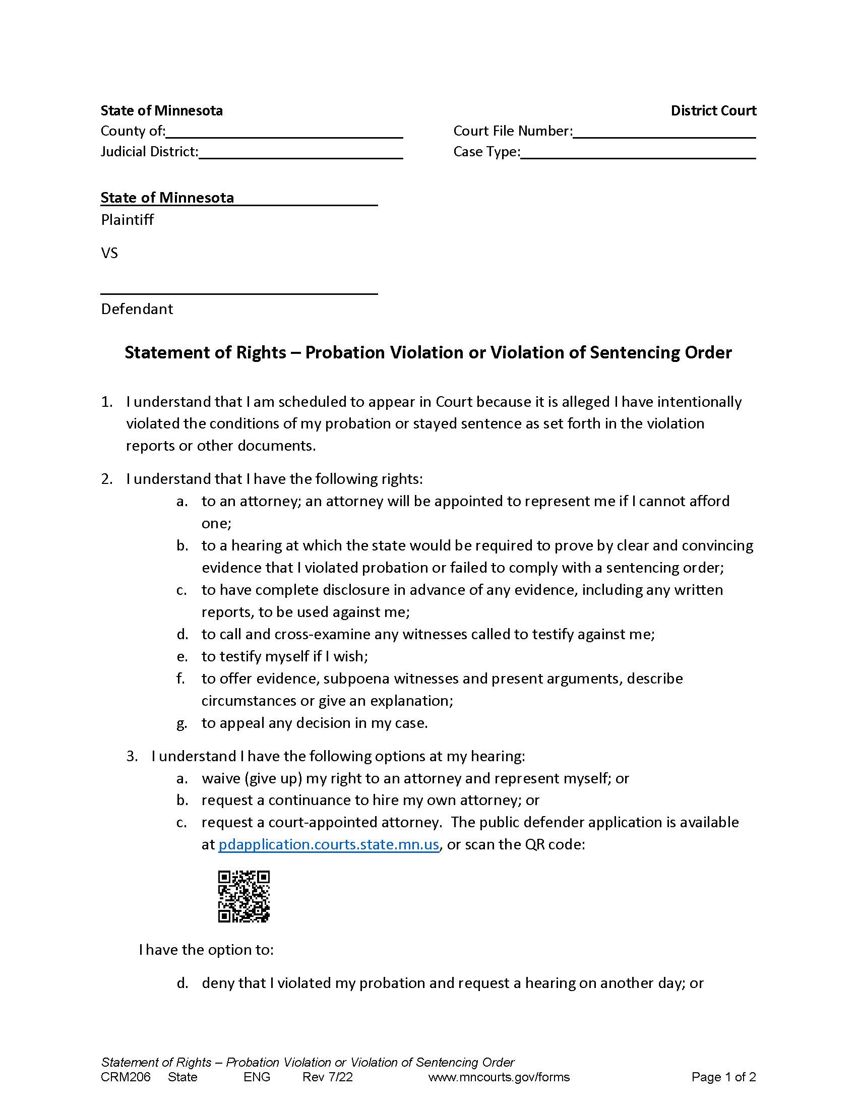 Probation Violation Or Violation Of Sentencing Order Statement Of Rights {CRM-206} | Pdf Fpdf Doc Docx | Minnesota