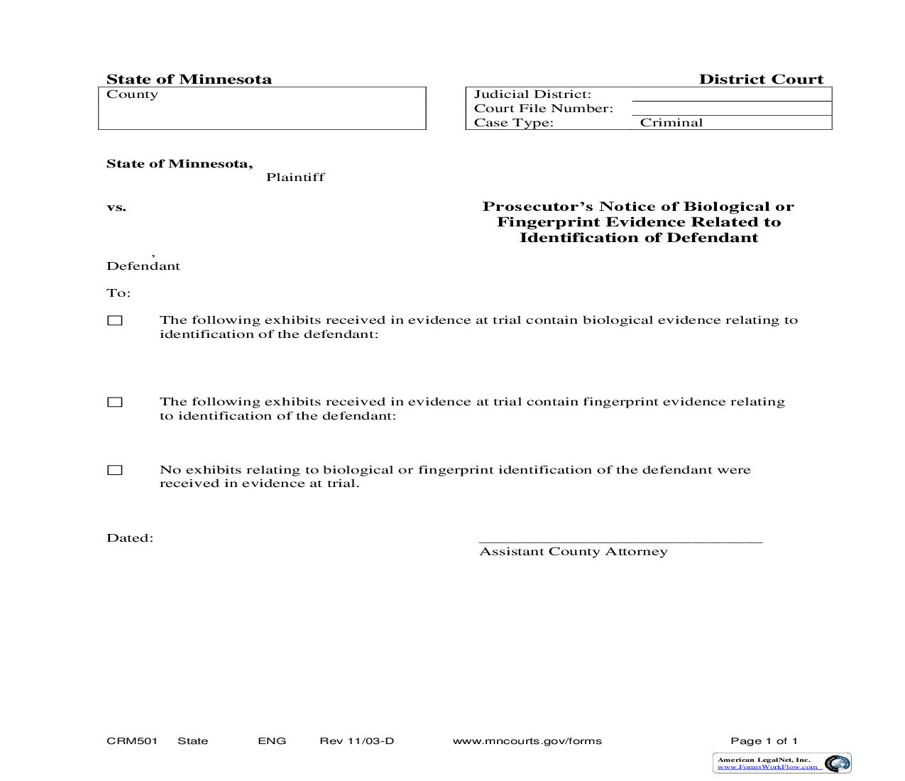 Prosecutors Notice Of Biological Or Fingerprint Evidence Related To Indentification Of Defendant {CRM-501} | Pdf Fpdf Doc Docx | Minnesota