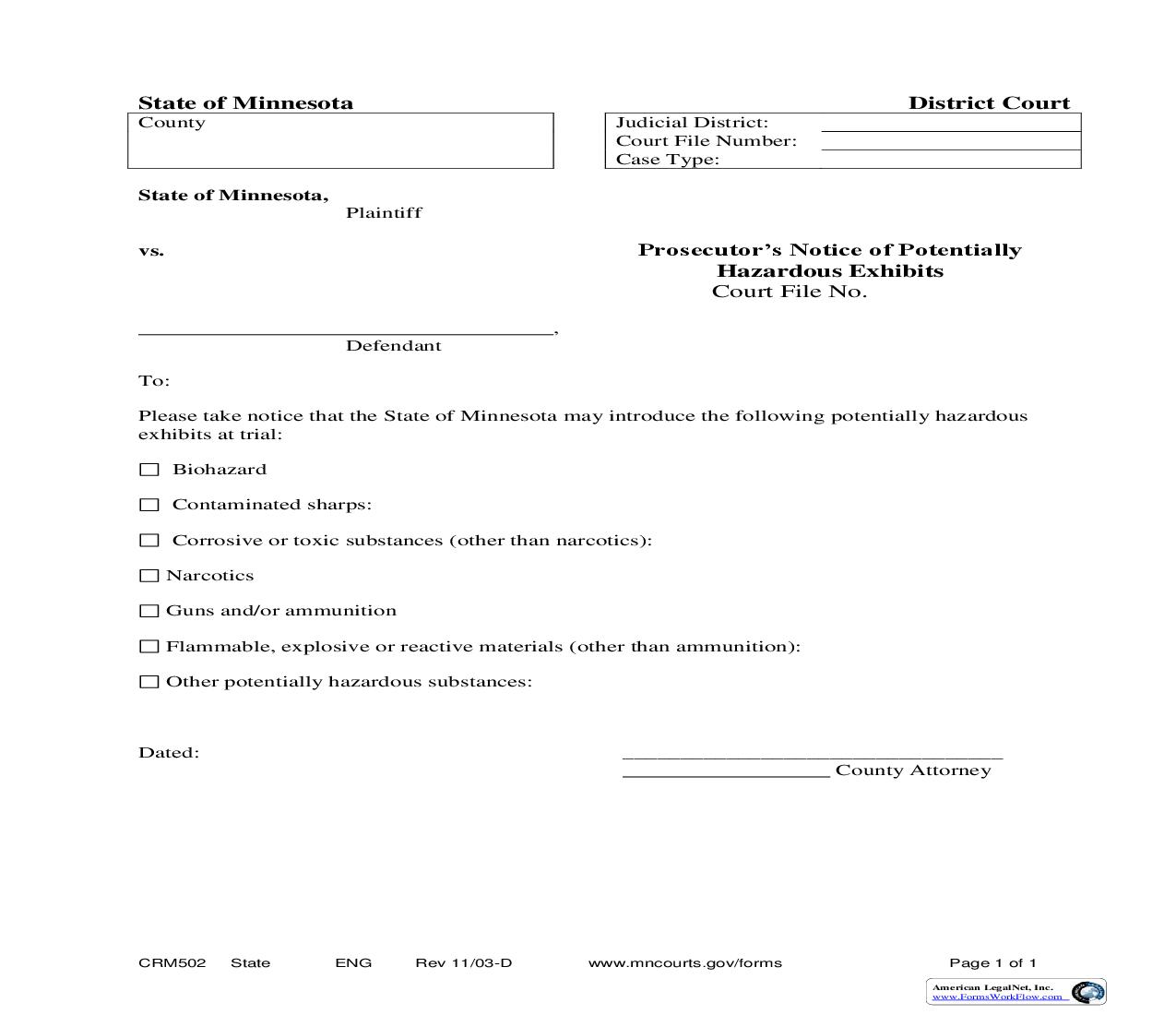 Prosecutors Notice Of Potentially Hazardous Exhibits {CRM-502} | Pdf Fpdf Doc Docx | Minnesota