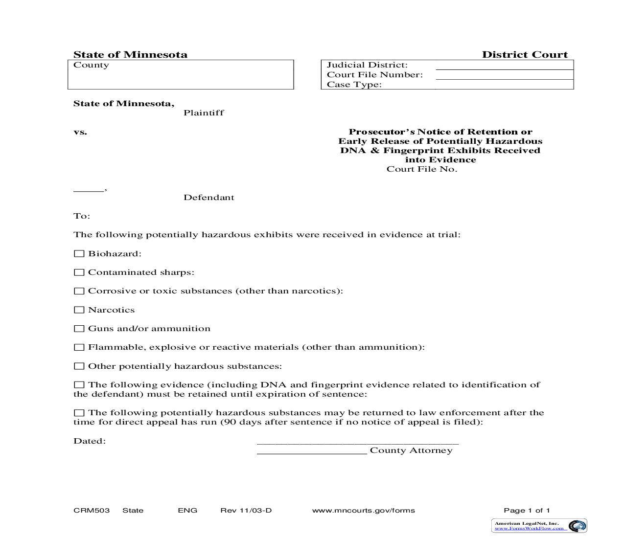 Prosecutors Notice Of Retention Or Early Release {CRM-503} | Pdf Fpdf Doc Docx | Minnesota