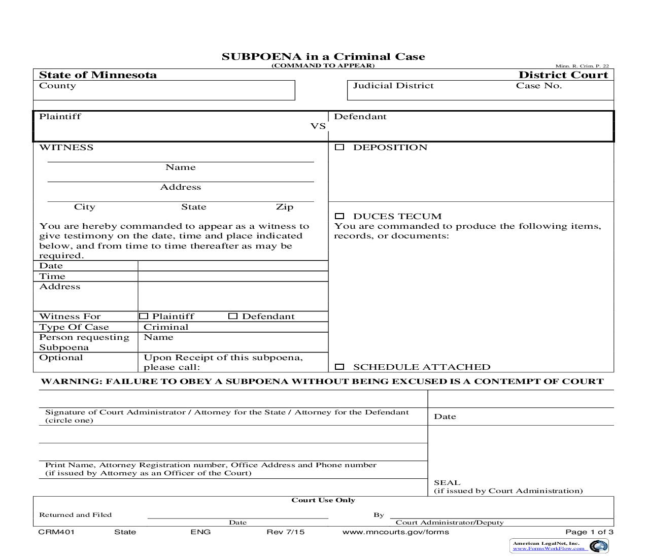 Subpoena (Command To Appear) {CRM-401} | Pdf Fpdf Doc Docx | Minnesota