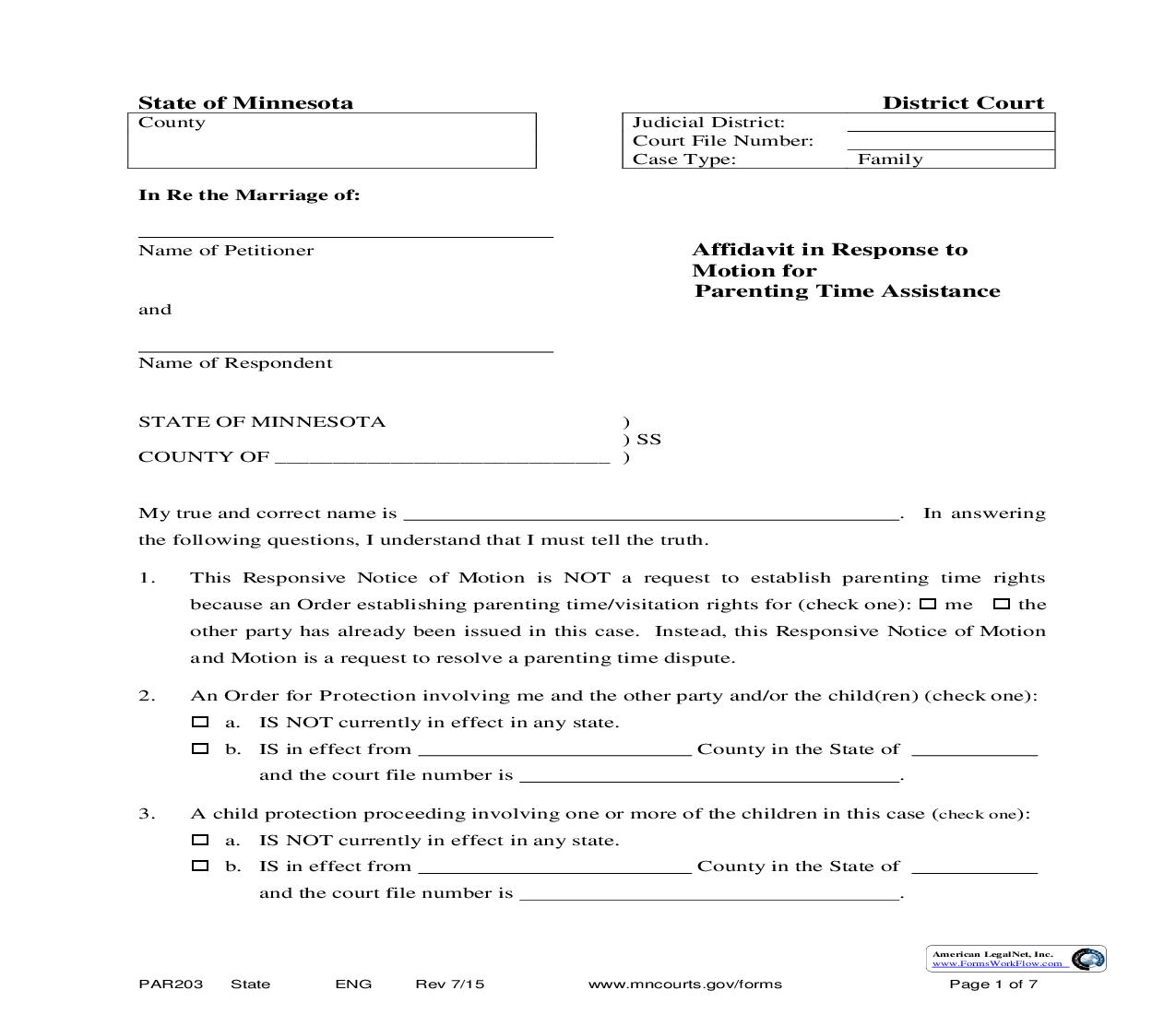Affidavit In Response To Motion For Parenting Time Assistance {PAR-203} | Pdf Fpdf Doc Docx | Minnesota