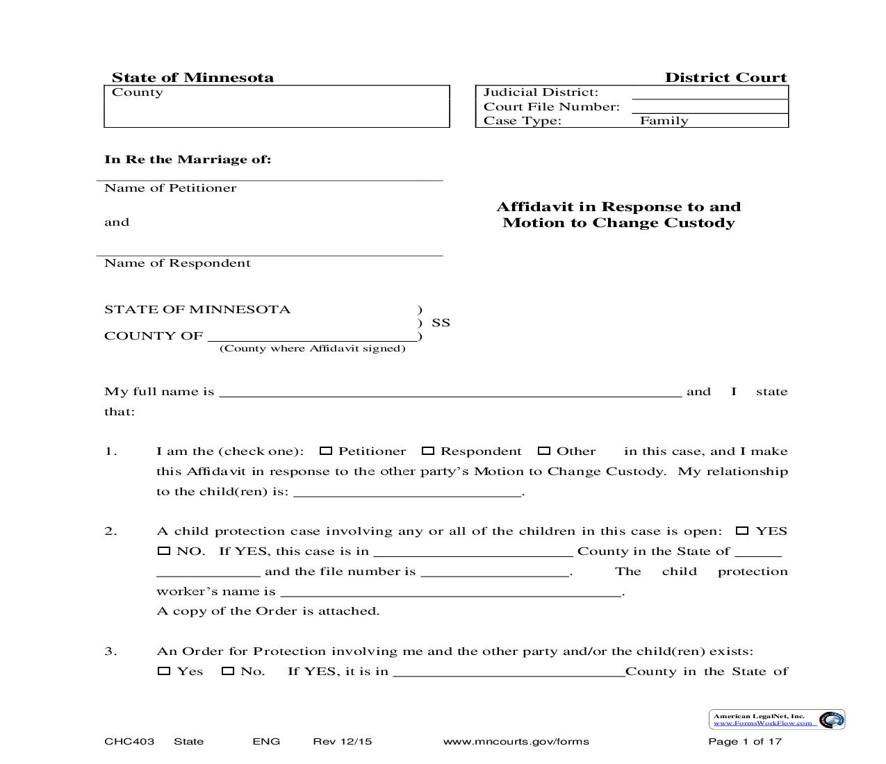 Affidavit In Response To Motion To Change Custody {CHC-403} | Pdf Fpdf Doc Docx | Minnesota